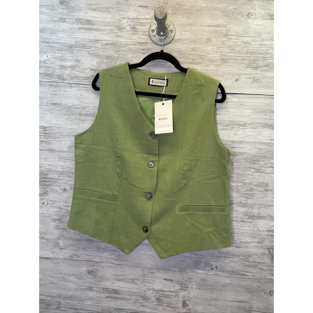 ELLEVEN Suit Vest Womens XL‎ Green Tailored Lined Four-Button Business Office